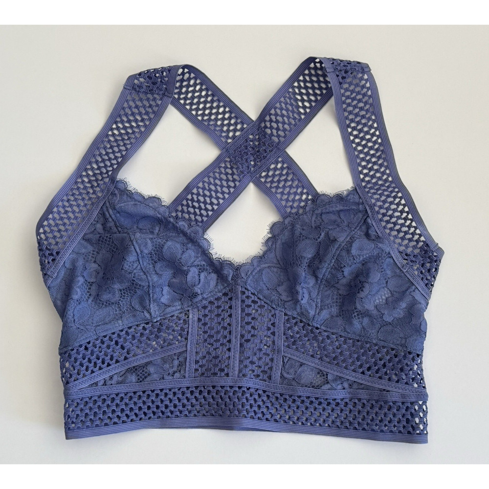 NWT Free People INTIMATELY Sitting Pretty Floral Lace Brami Egret Blue Size S